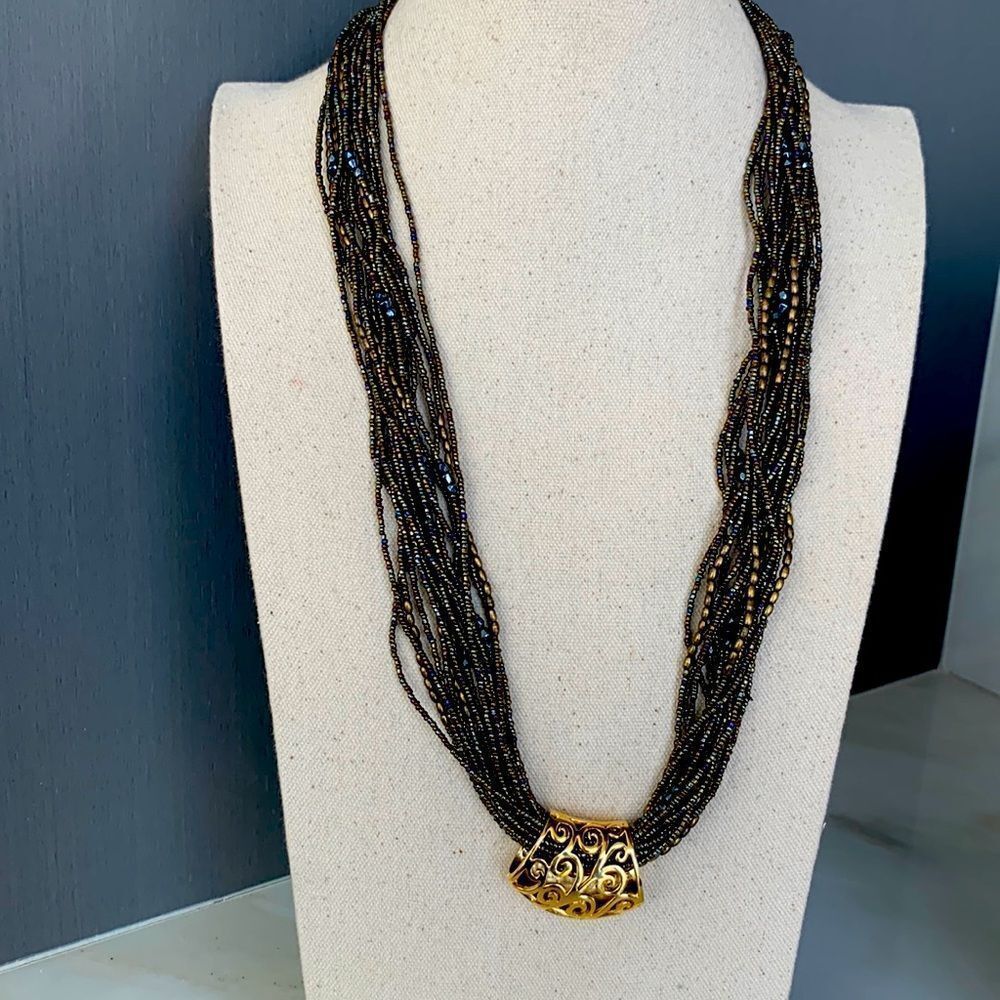 Twisted Czech Glass Seed Bead Necklace with Gold Tone Scroll Pendant